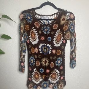 Bohemian OpenKnit Crochet Starburst Top (medium) chocolate brown